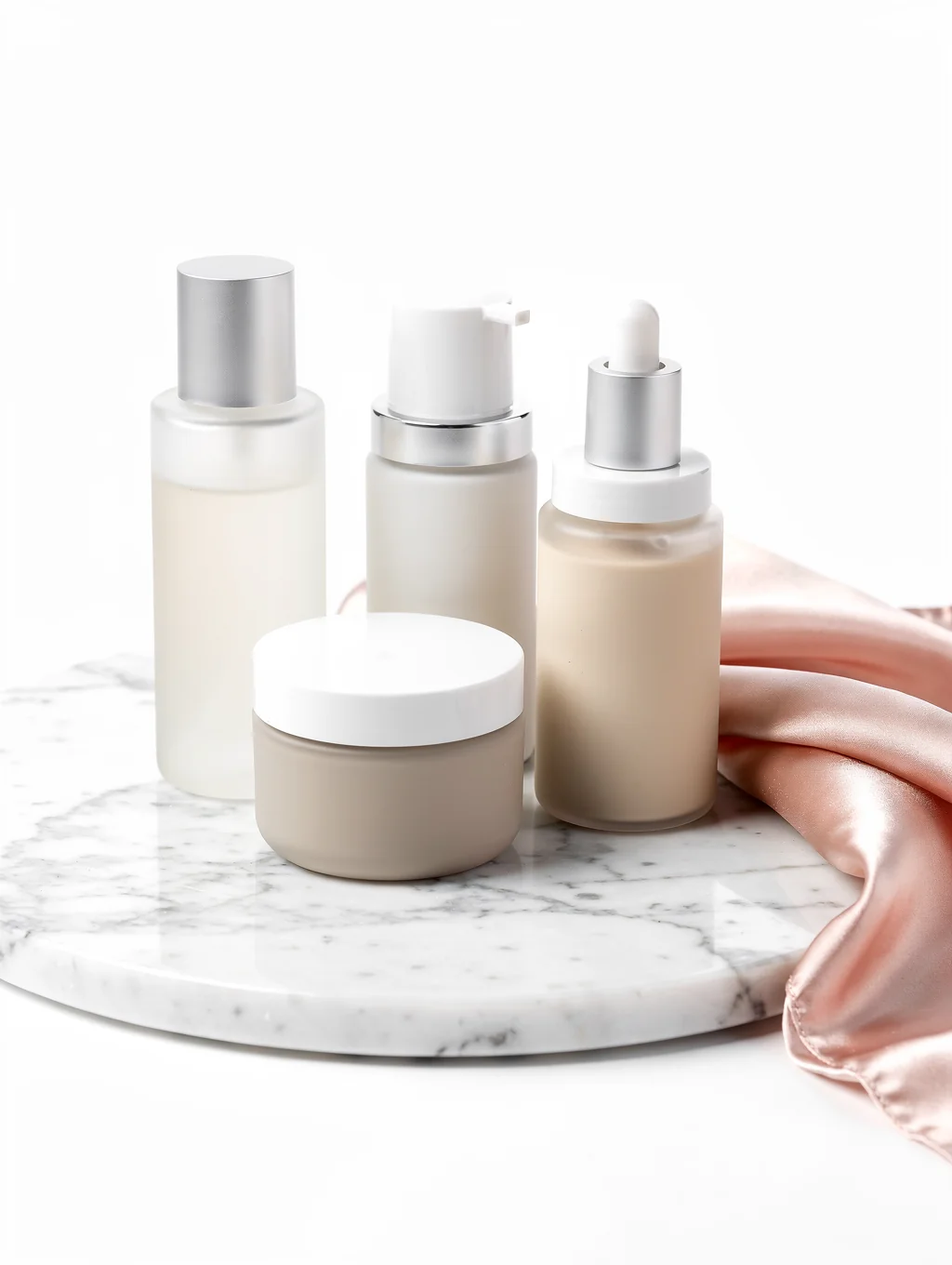 ESSIAL cosmetic compacts and bottles displayed on natural travertine stone